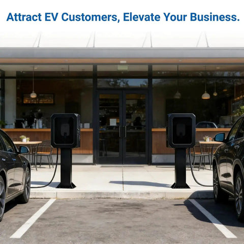 Outdoor EV Charger Enclosure With Key Lock in front of a cafe, steel box with tempered glass front, installed in parking lot.