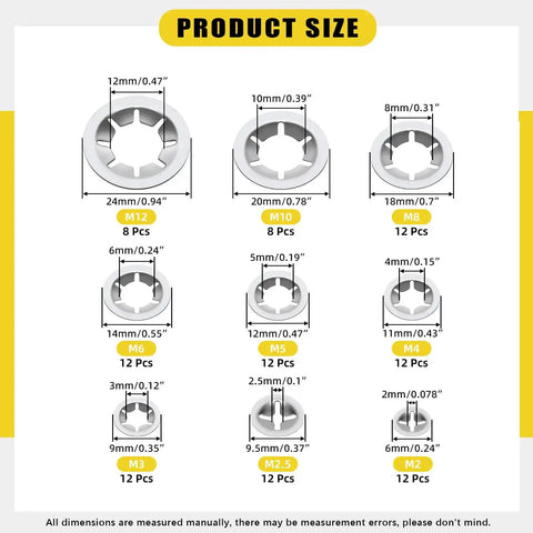 Sizes and dimensions of Stainless Steel Internal Tooth Star Lock Washers from M2 to M12 in the assortment set.