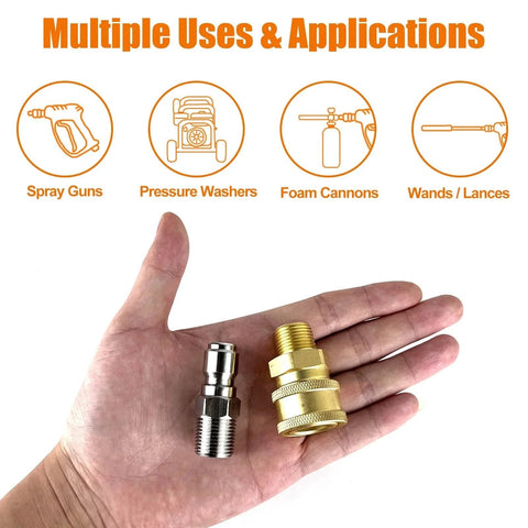 Hand holding Four Pairs NPT Quarter Inch Pressure Washer Quick Connect Couplers Male And Female Quick Connectors Fittings