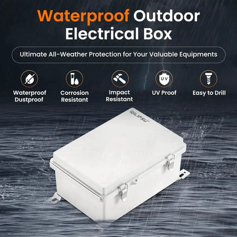 Rugged Outdoor IP67 Junction Box Waterproof Electrical Enclosure with Hinged Gray Cover on rainy background
