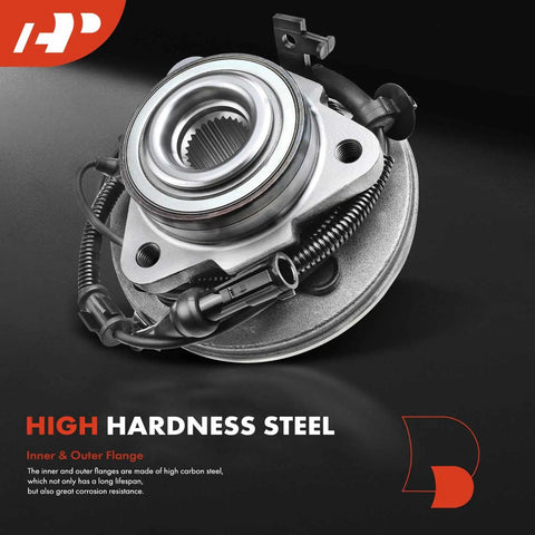 Close-up of a Pair Of Front Wheel Bearing And Hub Assemblies With ABS Sensor For Ford Explorer 2006 2010 Explorer Sport Trac 2007 2010 Mercury Mountaineer 2006 2010 5 Lug Premium OEM Replacement High Load Capacity Ready To Install.
