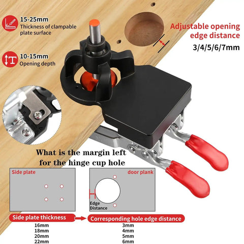 35mm Concealed Hinge Jig For Cabinets, Heavy Duty Aluminum Drill Guide With 2 Quick Clamps, tool on wooden surface, hardware installation