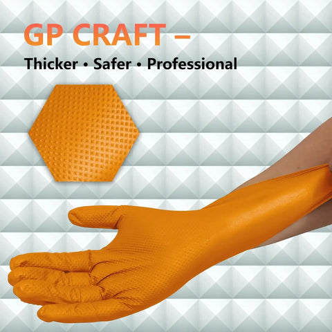Heavy Duty Orange Diamond Grip 8Mil Nitrile Gloves Puncture And Cut Resistant XL shown with diamond texture up-close.