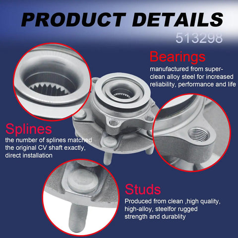 Front Wheel Bearing And Hub Assembly Direct Fit For Nissan Rogue 2008 2013 Rogue Select 2014 2015 And Sentra 2008 2012 2.5L 4 Cylinder 5 Lug Replacement Hub OEM Grade product details with bearings, splines, and studs features.