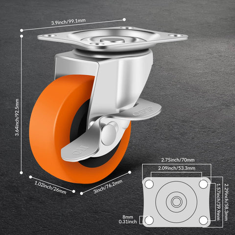 Caster Wheels, 3 Inch Heavy Duty Casters Set of 4 - Locking Swivel Plate Polyurethane Wheels with Brake for Furniture, Carts, and Workbench - Canadian Ball Bearing Supplier.