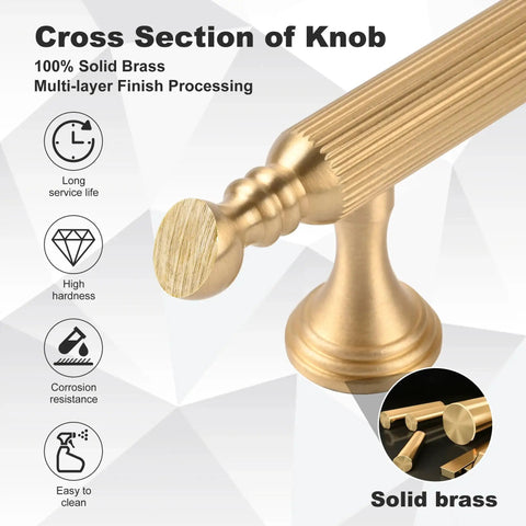 Close-up of Two Pack Solid Brass Cabinet Handles In Gold Finish, showing cross section and durability features.