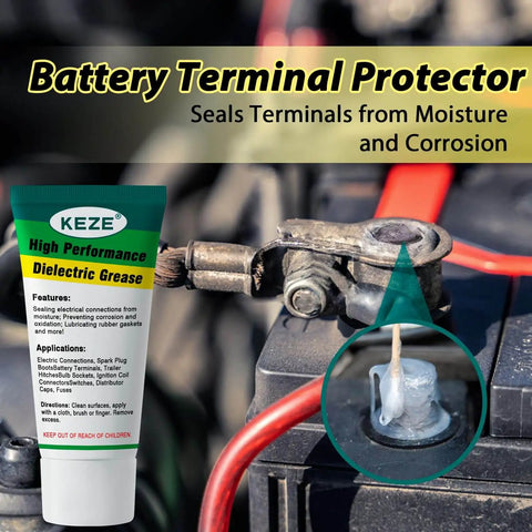 Dielectric Grease For Electrical Connectors And Spark Plug Boots Automotive And Marine Battery Terminals Shield Moisture Salt Dirt Inhibitor Corrosion Protection Lubricant 1 Oz 1 Pack tube next to car battery terminal application.
