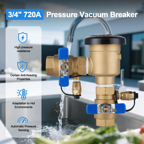 Brass 3/4" pressure vacuum breaker assembly with blue handles for outdoor irrigation backflow prevention (Amazon).