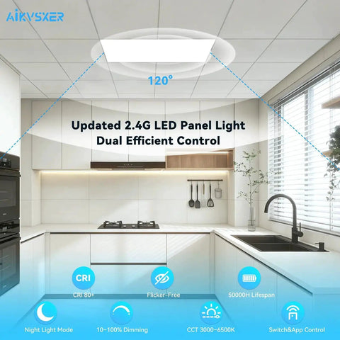1 Pack 2x4 LED Flat Panel Light 70W 7700LM Recessed Ceiling Fixture in modern kitchen, featuring smart app and switch control, CCT 3000K-6500K.