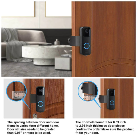 Anti Theft Adhesive Doorbell Mount Bracket For Video Doorbell No Drilling, shown on wooden door, measures thickness for fit.
