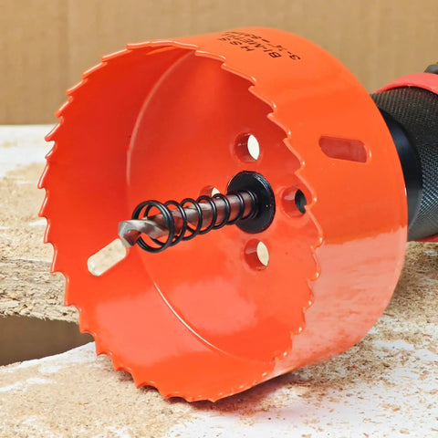 Three And A Quarter Inch Hole Saw With Arbor And Drill Bit M42 Bi Metal Cutter in close-up, showing ejector spring and teeth.