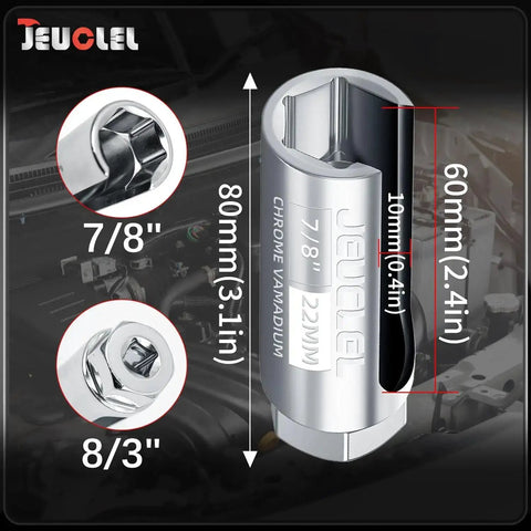 Image of Oxygen Sensor Socket 22mm 7/8 Inch 3/8 Drive Offset O2 Sensor Removal Tool for vehicles, showing dimensions and design details.