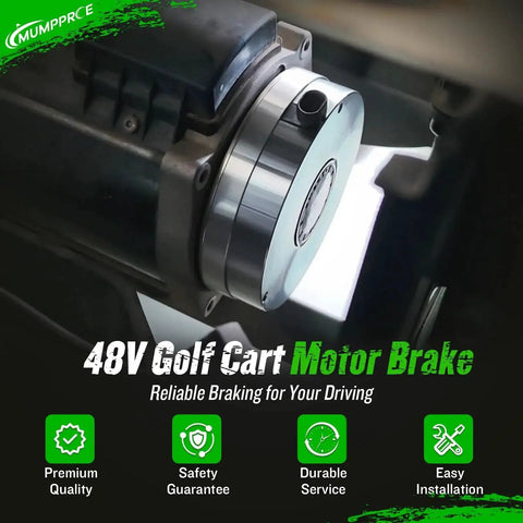 MUMPPRCE 48V golf cart motor brake mounted on EZGO RXV motor, chrome circular housing (side view).