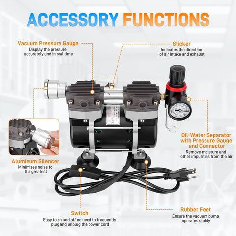 50L/min oil-free lab vacuum pump with two ports, pressure gauge, oil-water separator, switch, silencer, rubber feet