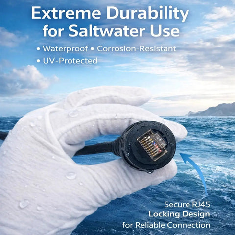 Marine RJ45 Ethernet cable, male-to-male, with black locking connector held by gloved hand against a sea background.