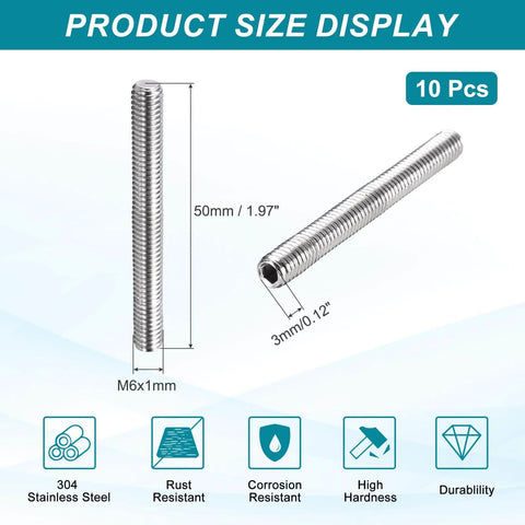 Product size display of 10 Pcs M6-1 X 50mm Grub Screws 304 Stainless Cup Point Allen Head Screws for bathroom and furniture use.