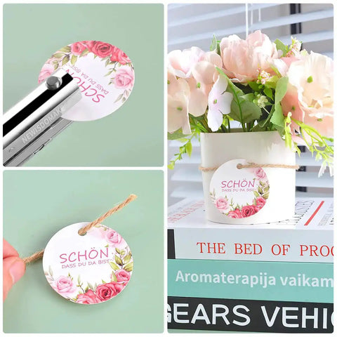 Heavy Duty 1/4 Inch Hole Punch With 2 Inch Deep Throat punching a floral tag for crafts or gifts, showcasing comfort grip and precision.