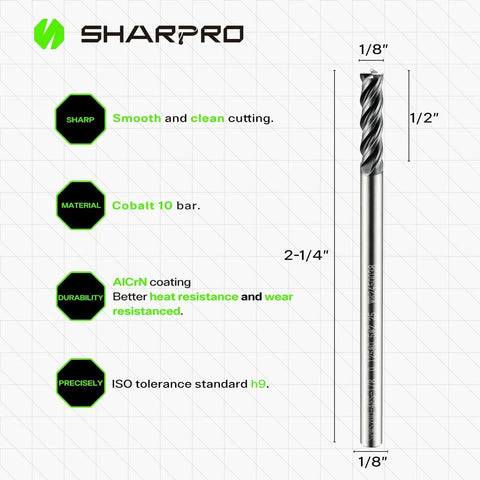 Heavy Duty Four Flute Carbide Square End Mill With One Eighth Inch Shank Pro Grade CNC End Mill For Alloy Steel Stainless Steel And Cast Iron Heat Resistant Vibration Free Milling Five Pack shown with specifications