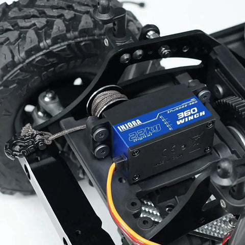 22Kg 360 Degree Digital Servo Winch with 25T Low Profile Spool for RC Crawlers and Boats, installed on RC chassis