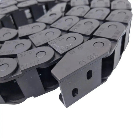 Close-up of a long black nylon cable drag chain wire carrier 2M 2000mm 10x15mm internal size beefed up reinforced PA66 for CNC machines.