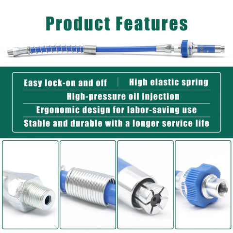 Grease gun coupler set with lock-on design and blue hose, includes multiple adapters for all grease guns