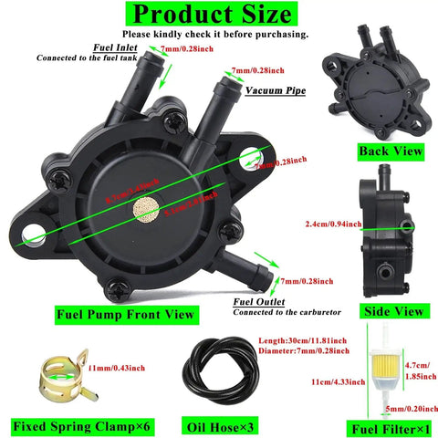 Universal Gas Vacuum Fuel Pump With Filter And Oil Hose Beefed Up Heavy Duty Design compatible with engines, shown in detail