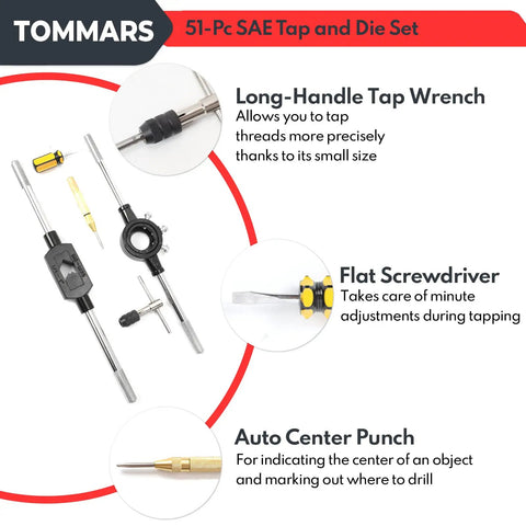 Jumbo 51 Piece Tap And Die Set For 1 4 20 To 1 14 SAE Threads with T-handle tap wrench, die wrench, screwdriver, and center punch.