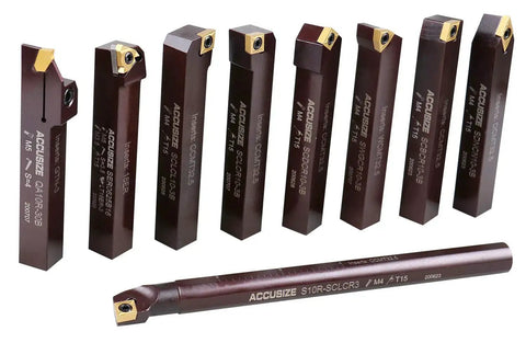 Five Eighth Inch Indexable Turning And Boring Tool Set With TiN Coated C6 Carbide Inserts For Steel And Cast Iron Built To Last Positive Rake Chipbreaker Design To Cut Fewer Chips And Lower Cutting Forces 9 Piece Kit 29880058 Accusize Industrial Tools