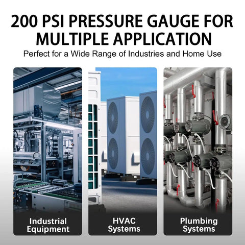 200 psi pressure gauge used in industrial, HVAC, and plumbing systems, highlighting versatility and applications.