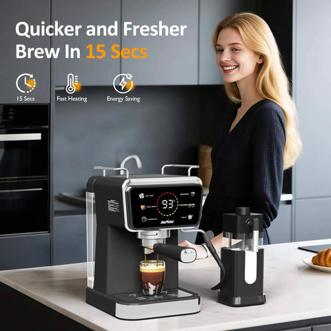 20 Bar Espresso Machine For Home And Office With Milk Frother, Iced Coffee Maker And Cold Brew, shown on kitchen counter