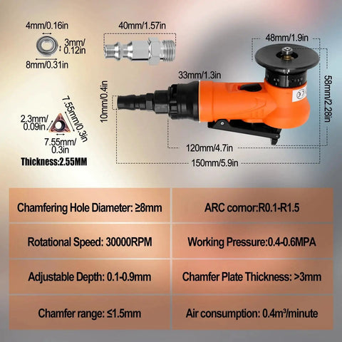 Dope Mini Pneumatic Deburring Tool Handheld Chamfering Grinder for Metal and Wood Beveling with specifications displayed