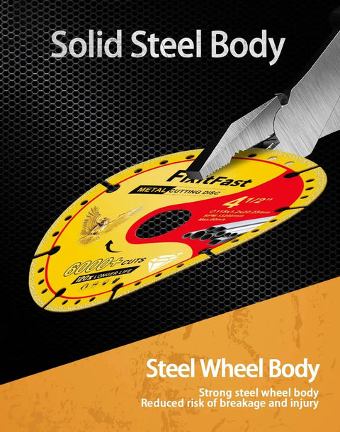 Diamond Metal Cutting Wheel For Angle Grinders 4.5 Inch With 0.875 Inch Arbor Cuts Rebar Stainless Steel Aluminum And Angle Iron Like A Boss 6000 Plus Cuts Durable Electro Plated Diamond Wheel 3 Pack By FIXLTFAST showing solid steel body design.