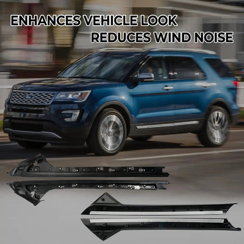 A Pillar Trim Molding Kit for Explorer 2011 2019 Left and Right Window Trim, showing installation on blue SUV