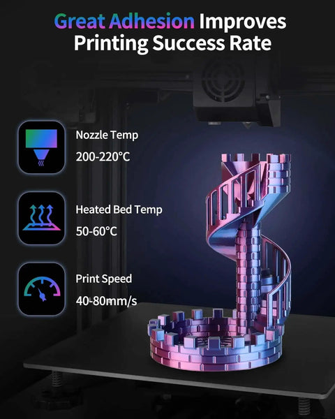 Tri Color Silk PLA Filament 1.75mm 1Kg for 3D printing multicolor spiral staircase with red, blue, green shades and temperature settings info
