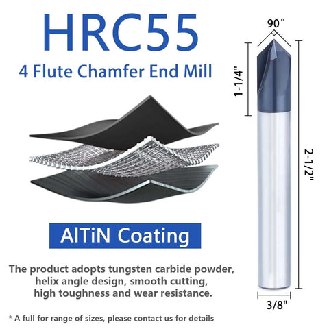 Carbide Chamfer End Mill 90 Degree With Three Eighths Inch Shank V Groove AlTiN Coated 4 Flute Cutter product image