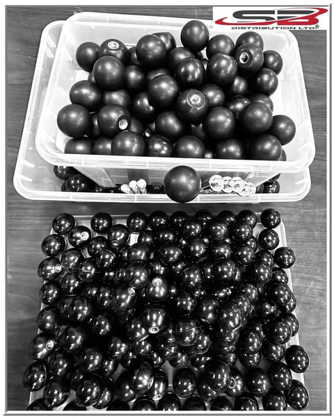 Multiple heavy duty black phenolic ABS female ball knobs with brass insert 3/8-16 thread in storage bins.