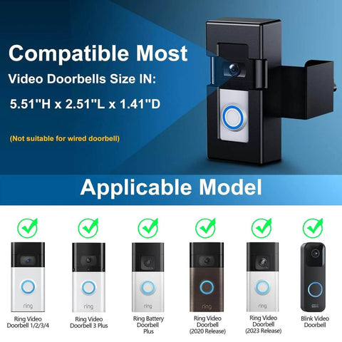 Anti-Theft Video Doorbell Mount for Blink and Ring, Adjustable No-Drill Bracket displayed with compatible models and dimensions