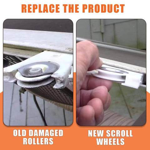 Close-up of old vs new Upper Sliding Screen Door Rollers Replacement Part 1997063 With 1-1/4 Inch Nylon Concave Wheels.