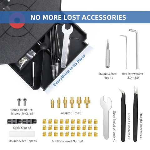 Accessory kit for Heat Set Insert Tool With 90W Soldering Iron And M2 To M8 Tips And 30 Inserts including adapter tips and screws.