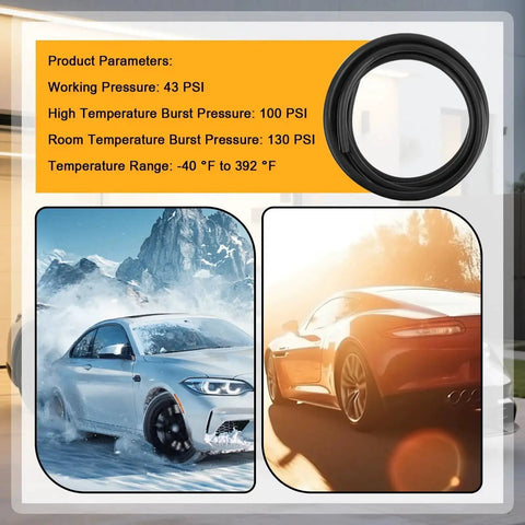 Six Piece Silicone Vacuum Hose Kit For Automotive Use displayed with performance specs and cars in various conditions.