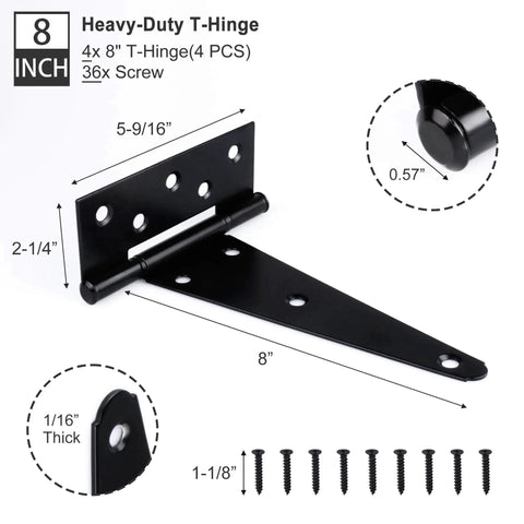 Diagram of 4 Pack 8 Inch T Strap Shed Door Hinges Heavy Duty With Screws For Wooden Fences Yard Gates Barn Doors And Patio Doors
