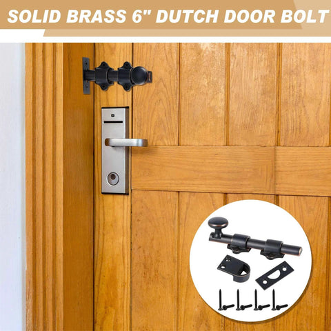 2 Pack 6 Inch Heavy Duty Solid Brass Dutch Door Bolt Slide Latch Door Hardware Locks Bronze Finish Attic Latch for Dutch Sliding Barn Doors Ideal For Barn Doors, Attic Access, And Safe Privacy In Homes And Workshops, shown installed on wooden door