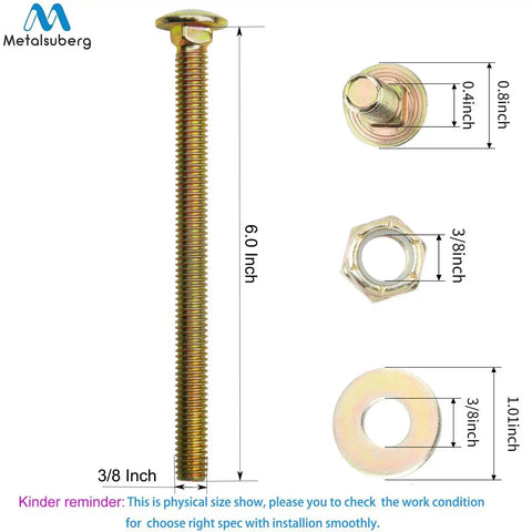 Three Eighths Inch By Six Inch Carriage Bolts With Square Neck And Nylon Lock Nuts, Large Washer Assortment Kit diagram