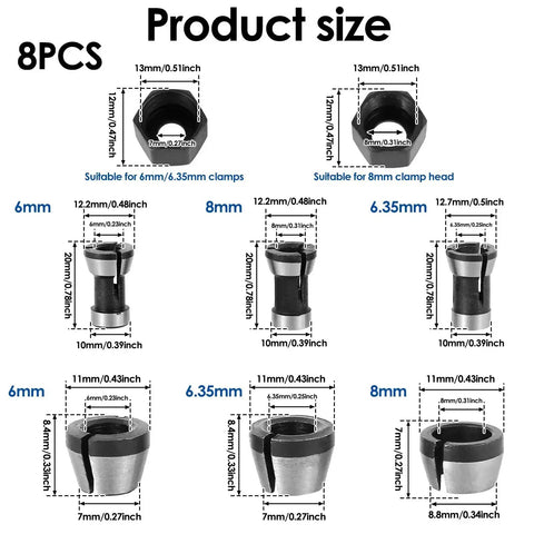 Eight Piece Router Collet Chuck Set With Pro Grade High Precision Trimmer Adapters In 6mm 6.35mm And 8mm Carbon Steel Includes Two Nuts