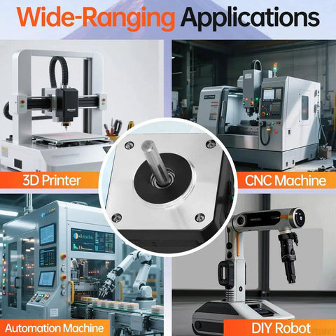 Applications of Nema 17 Stepper Motor 1.8 Degree 2 Phase High Torque 0.13 Nm in 3D Printer, CNC Machine, Automation Machine, DIY Robot.