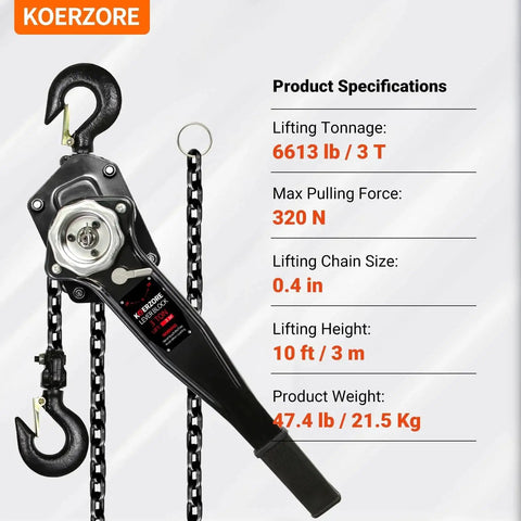 3 Ton Manual Lever Chain Hoist With 10ft Lift G80 Galvanized Steel Come Along shown in front view with specifications.