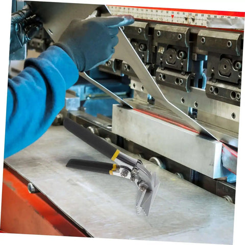 Pro Grade Manual Metal Bender Tool for Sheet Metal and Flat Bar with Seaming Pliers, Duckbill Pliers in use on industrial machine.