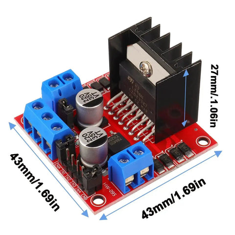 Red L298N Dual H Bridge DC Motor Driver Module with dimensions labeled for Arduino projects, includes control board for UNO MEGA R3
