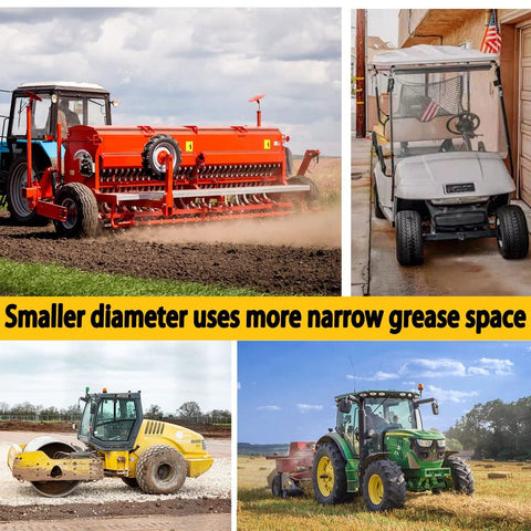 Grease gun coupler collage: four farm machines: red planter, white golf cart, yellow road roller, green tractor.