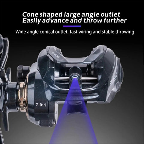 Right-hand baitcasting fishing reel with 7.0:1 gear ratio and dual brake system in dark finish.
